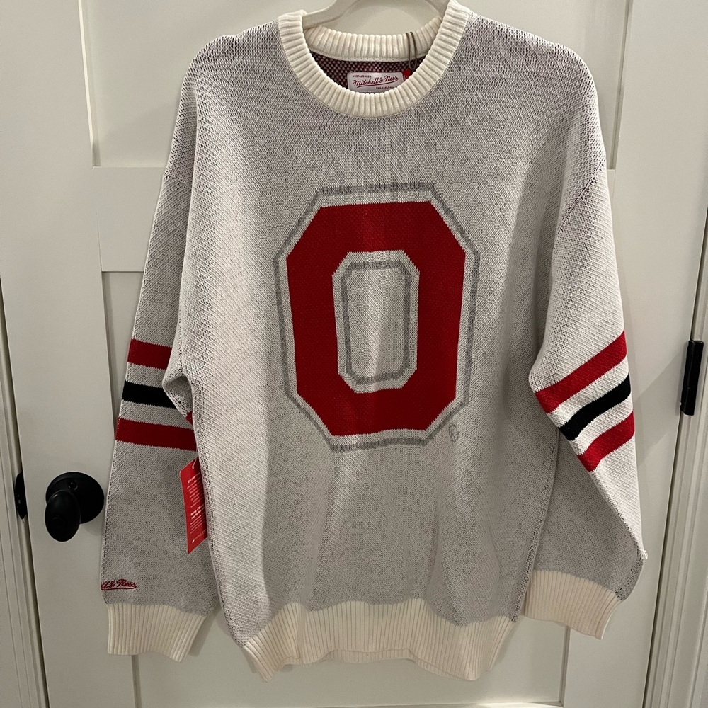 Mitchell & Ness Ohio State Retro Helmet Current Logo Long SleeveCrewneck Sweater